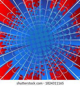Red and blue spider web cartoon background. Colored comic book illustration, vector comics backdrop.