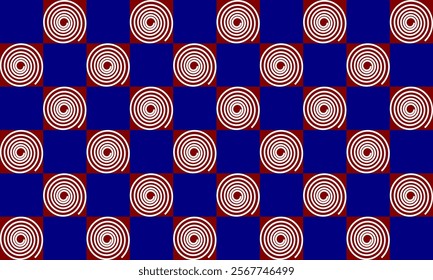 red and blue spiral on blue background repeat seamless pattern design for fabric printing, round circle patter, rectangle block checkerboard