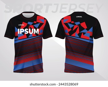 red and blue sport jersey mockup design for soccer, football, racing, gaming, motocross, cycling, and running. front and back view template