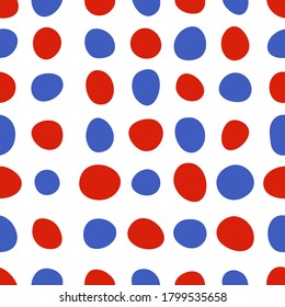 Red and blue spots on white background. Seamless pattern with uneven hand-drawn circles. Simple abstract vector illustration