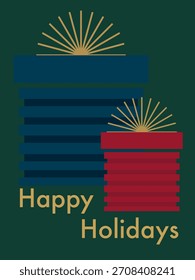 Cajas de regalo cuadradas rojas y azules sobre fondo verde con espacio para texto. Diseño perfecto para tarjetas de vacaciones, Anuncios y promociones festivas