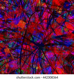 Red and blue. Squares of strokes. Converging wavy lines. Overlay, overlapping, transparency.