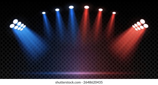 Luzes de holofote do estádio vermelho e azul brilham no palco vazio. Concerto vetorial ou cena desportiva com luzes de inundação e fundo escuro. Arena abstrata, pista ou anel de boxe revelam com efeito dramático.
