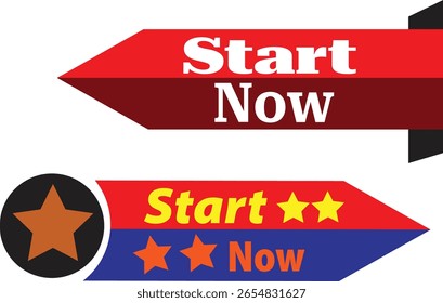 Red and blue star arrow start now labels vector for digital marketing banners and web call to action