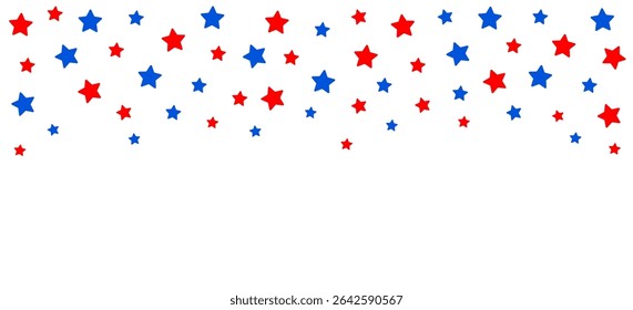 Cabezal de confeti de estrella roja y azul en estilo de Vector plano sobre fondo blanco. Ideal para Anuncios, invitaciones, carteles, redes sociales, Sitios web y diseños festivos del 4 de julio.