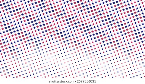 Red and blue star pattern on a white background, fading from large to small stars diagonally.  American Independence Day stars background. 