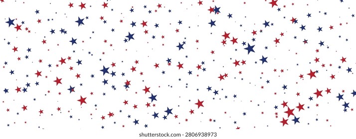 Red blue star pattern on white backdrop. Scattered stars, confetti in random repeating texture. Vector patriotic design.ilustration eps10