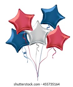 Red And Blue Star Shaped Foil Helium Balloons. Detailed And Realistic Vector Illustration