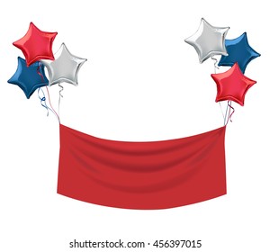 Red and Blue star shaped foil helium balloons with red hanging ribbon. Detailed and realistic Vector illustration