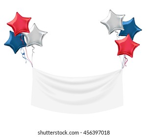 Red and Blue star shaped foil helium balloons with white hanging ribbon. Detailed and realistic Vector illustration