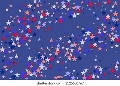 Red blue stars American patriotic background. Red blue stars flying stars confetti.