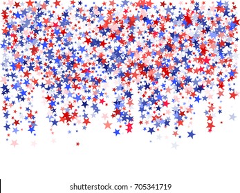 Red and blue stars American patriotic background graphic design. USA Patriot Day background with star dust flying. Flying holiday confetti in USA flag colors for President Day celebration.