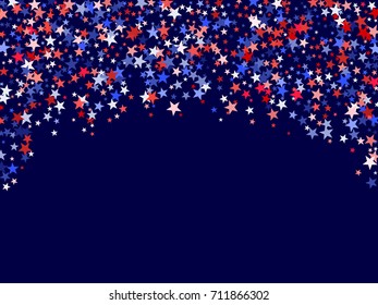 Red and blue stars American patriotic background graphic design. USA Patriot Day background with star dust flying. Flying holiday confetti pattern in USA flag colors for President Day celebration.