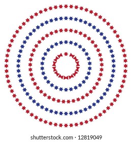 Red and blue stars arranged in concentric circles around a "seal"