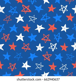 Red blue stars background. Vector hand drawn seamless pattern. 