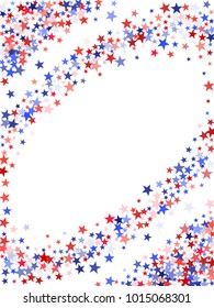 Red and blue stars border frame for American Independence on President Day design. July 4 background in United States flag colors. Flying star border in patriotic American red blue white colors
