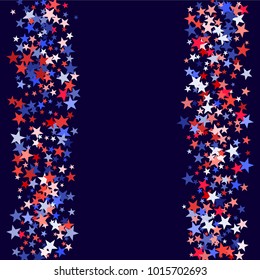 Red and blue stars border frame for American Independence on President Day poster. Fourth of July background in United States flag colors. Flying stars frame in patriotic USA red blue white colors