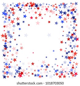 Red and blue stars border frame for American Independence on President Day flyer. 4th of July background in United States flag colors. Flying star border in patriotic American red blue white colors