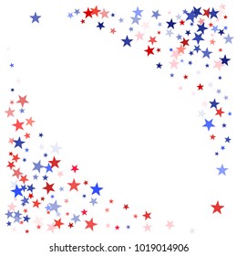 Red and blue stars border frame for American Independence on President Day banner. July 4 background in United States flag colors. Flying stars frame in patriotic American red blue white colors
