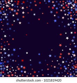 Red and blue stars border frame for American Independence on President Day card. July 4 background in United States flag colors. Flying stars frame in patriotic USA red blue white colors