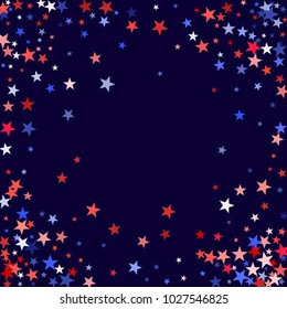 Red and blue stars border frame for American Independence on President Day poster. July 4 background in United States flag colors. Flying stars frame in patriotic USA red blue white colors