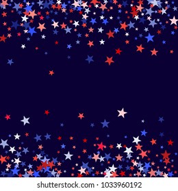 Red and blue stars border frame for American Independence on President Day design. 4th of July background in United States flag colors. Flying stars border in patriotic USA red blue white colors