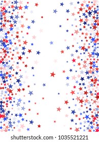 Red and blue stars border frame for American Independence on President Day banner. 4th of July background in United States flag colors. Flying stars frame in patriotic USA red blue white colors