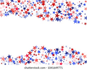 Red and blue stars border frame for American Independence on President Day card. Fouth of July background in United States flag colors. Flying stars border in patriotic USA red blue white colors