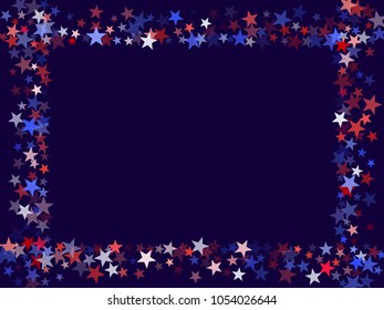 Red and blue stars border frame for American Independence on President Day card. 4th of July background in United States flag colors. Flying star border in patriotic American red blue white colors