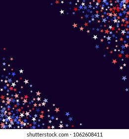 Red and blue stars border frame for American Independence on President Day poster. 4th of July background in United States flag colors. Flying stars framecorners in patriotic USA red blue white colors