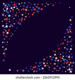 Red and blue stars border frame for American Independence on President Day card. Fourth of July background in United States flag colors. Flying stars border in patriotic USA red blue white colors