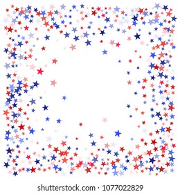 Red and blue stars border frame for American Independence on President Day banner. Fouth of July background in United States flag colors. Flying stars frame in patriotic USA red blue white colors