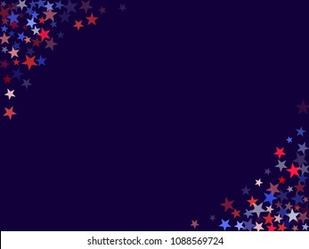 Red And Blue Stars Border Frame For American Independence On President Day Card. Fourth Of July Background In United States Flag Colors. Flying Stars Frame In Patriotic USA Red Blue White Colors