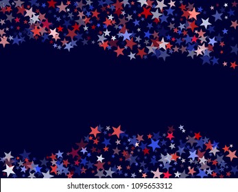 Red and blue stars border frame for American Independence on President Day card. Fourth of July background in United States flag colors. Flying stars border in patriotic USA red blue white colors