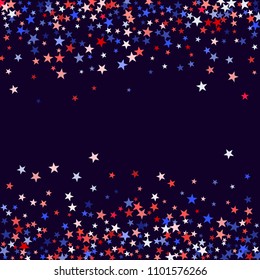 Red and blue stars border frame for American Independence on President Day poster. 4th of July background in United States flag colors. Flying stars border in patriotic USA red blue white colors