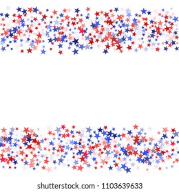 Red and blue stars border frame for American Independence on President Day flyer. July 4 background in United States flag colors. Flying stars border in patriotic USA red blue white colors