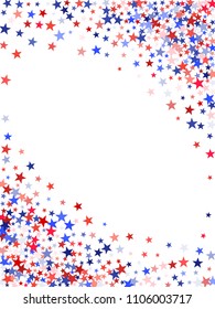 Red and blue stars border frame for American Independence on President Day banner. Fouth of July background in United States flag colors. Flying stars frame in patriotic USA red blue white colors