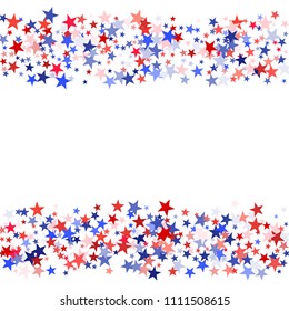 Red and blue stars border frame for American Independence on President Day banner. July 4 background in United States flag colors. Flying stars frame in patriotic American red blue white colors