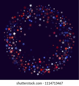 Red and blue stars border frame for American Independence on President Day banner. Fourth of July background in United States flag colors. Flying stars fireworks in patriotic USA red blue white colors