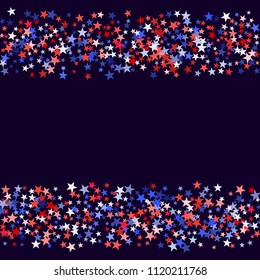 Red and blue stars border frame for American Independence on President Day poster. Fourth of July background in United States flag colors. Flying stars frame in patriotic American red blue colors