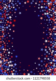 Red and blue stars border frame for American Independence on President Day design. 4th of July background in United States flag colors. Flying stars border in patriotic USA red blue white colors