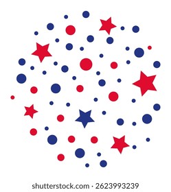 Estrelas e círculos vermelhos e azuis de diferentes tamanhos criando um design festivo para as comemorações do 4 de julho, Dia do Memorial, Dia dos Veteranos de Guerra, Dia dos Presidentes ou Dia da Bandeira