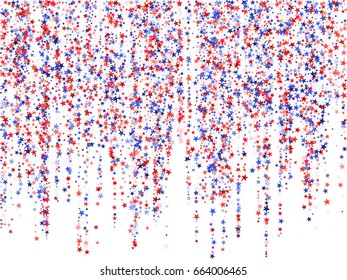 Red and blue stars falling down on white. Colors of USA flag background. American Independence Day or President Day vector for card, banner, poster or flyer. 4th of July holiday stardust pattern.