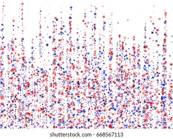 Red and blue stars falling down on white. Colors of USA flag background. American Independence Day or President Day vector for card, banner, poster or flyer. 4th of July holiday stardust pattern.