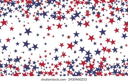 Red and blue stars falling on white background, poster with American color symbols, shooting stars confetti