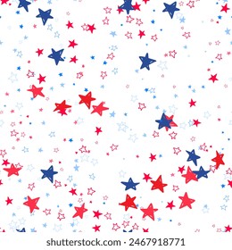 Red, blue stars flying on white. Concept in colors flag of USA, Chile, France, Netherland, Australia, United Kingdom. American Independence Day or President Day backdrop. Vector seamless illustration