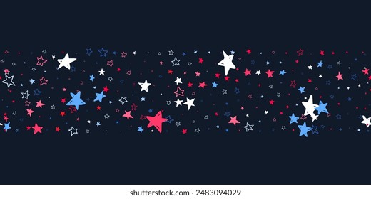 Red, blue stars flying on black. Concept in colors flag of USA, Chile, France, Netherland, Australia, United Kingdom. American Independence Day or President Day backdrop. Vector seamless illustration