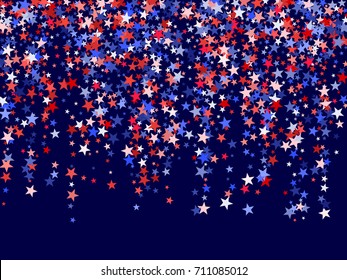 Red And Blue Stars Garlands American Patriotic Background Graphic Design. USA Patriot Day Background With Star Dust Flying. Flying Holiday Confetti In USA Flag Colors For President Day Celebration.