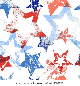 Red and blue stars with painted grunge texture. USA flag vector seamless pattern. American national holiday background. Fashion textile print, wrapping paper, trendy fabric design