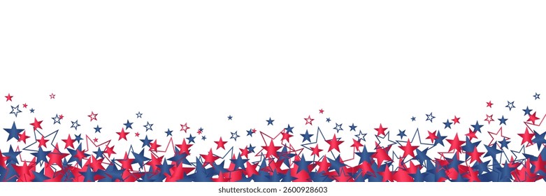 Red and blue stars in USA flag colors isolated on transparent background. 4th of July, American independence day stars template banner